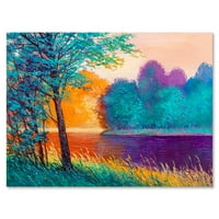 Šarena stabla tijekom sumraka uz riječno slikanje platna umjetnički tisak
