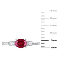 1- Carat T.G.W. Stvoren Ruby, stvorio bijeli safir i dijamantni naglasak 10kt bijelo zlato prsten s tri kamena