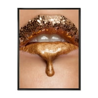 DesignArt 'izbliza ženskog šminkanja zlatnih tekućih usana' moderno uokvirena platna zidna umjetnička print