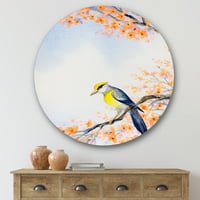Dizajnerska umjetnost lijepa plava ptica koja sjedi na CVJETAJUĆOJ grani M. A. Tradicionalni kružni metalni zidni