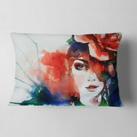 Dizajnirana žena s ružinom ilustracijom - Sažetak jastuka za bacanje - 12x20