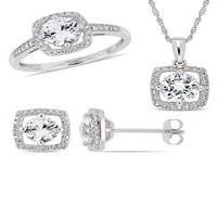 3- Carat T.G.W. Stvoren bijeli safir i karat T.W. Diamond 10KT bijelo zlato 3-PC kvadratni halo prsten, naušnice