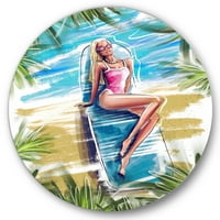 DesignArt 'Portret prekrasan plavokosi model na plaži Suncathing' Nautical & Coast Circle Metal Art - Disk od 29