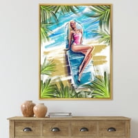 DesignArt 'Portret prekrasan plavokosi model na plaži sunčanja' nautički i obalni uokvireni platno zidni art print