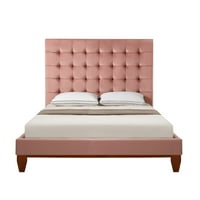 Bergren Blush Velvet Bed - gumb Tufted Queen