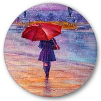 DesignArt 'djevojka koja hoda s crvenim kišobranom pod kišom' French Country Circle Metal Art - Disk od 23 godine