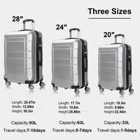 Skup tvrdog prtljage, s TSA zaključavanjem i 20 24 28 torbe za prtljagu, srebro