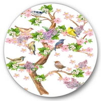DesignTart 'Drvo sa šarenim pticama koje sjede na cvjetnim granama tradicionalni krug metal zid - disk od 23 godine