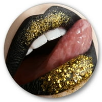 DesignArt 'Woman Lips Crni ruž za usne i zlatne sekvence' Moderni krug metal zida - disk od 11